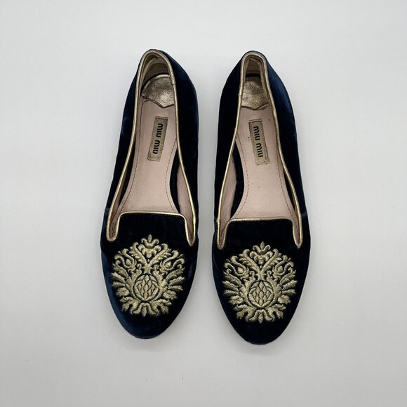 Miu Miu Black and Gold Embroidered Loafers - Picture 1 of 13